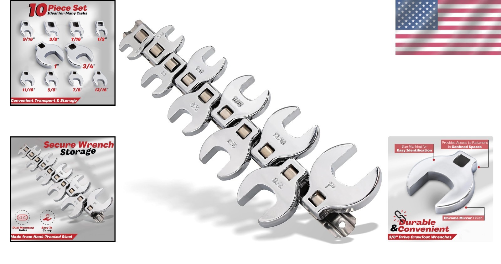 Durable Crowfoot Wrenches for Tight Spaces – 10pc SAE Set