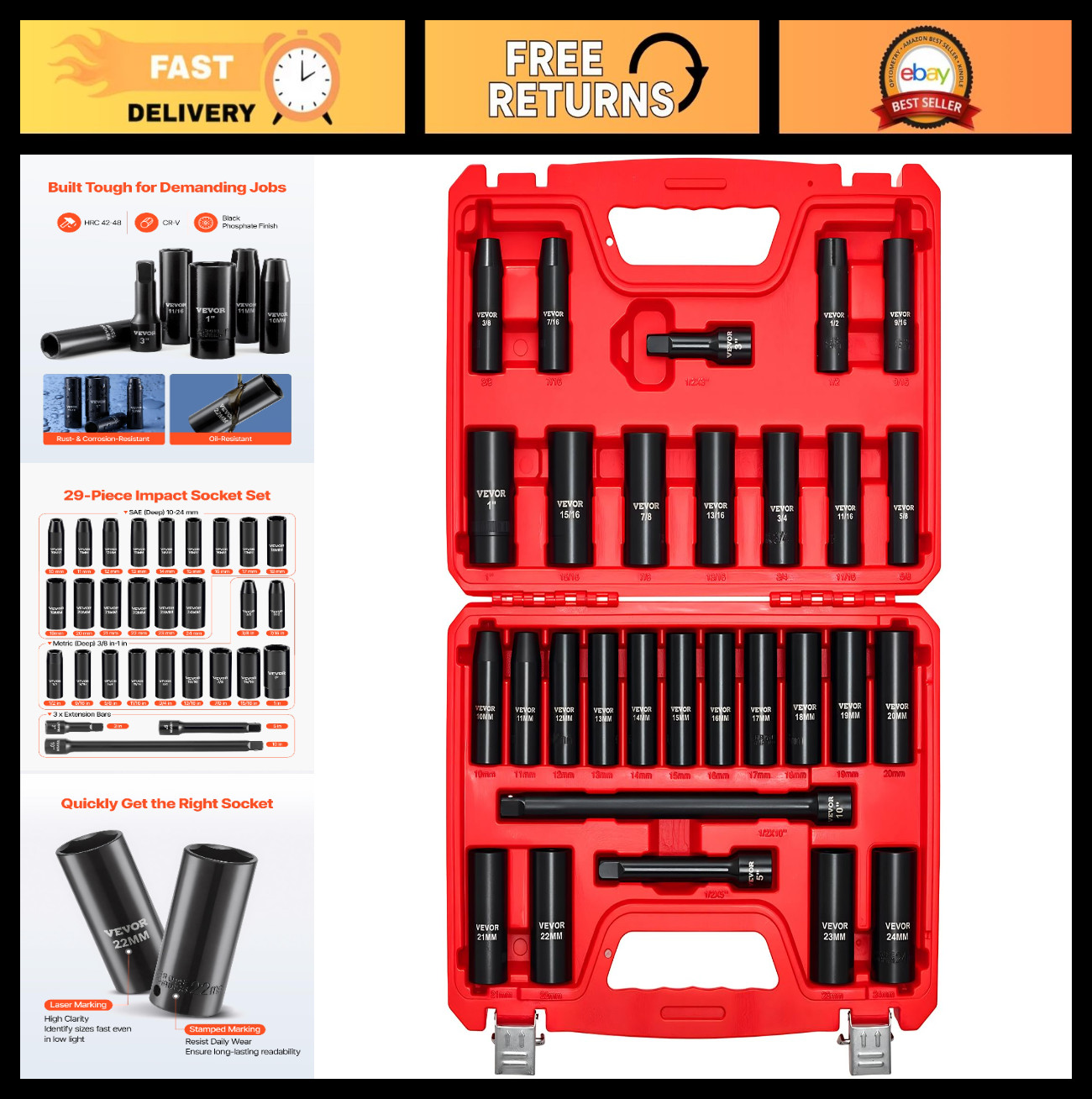 29-Piece Impact Socket Set – 1/2″ Drive Deep Sockets SAE & Metric, CR-V Steel, E