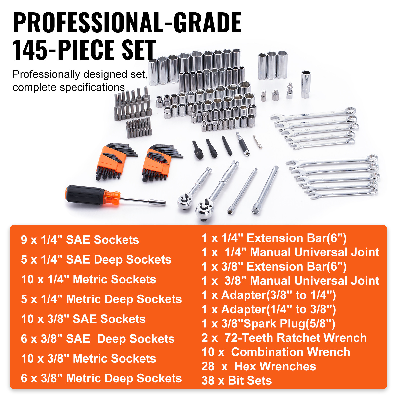 VEVOR Mechanics Tool Socket Set 1/4 3/8 Drive 145Pc SAE Wrench Hex Metric Kit