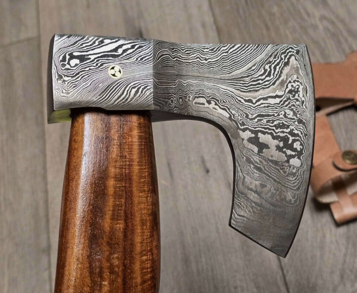 16″ Custom Hand Made Damascus Axe/ Hatchet w/Rosewood Handle & Leather Sheath