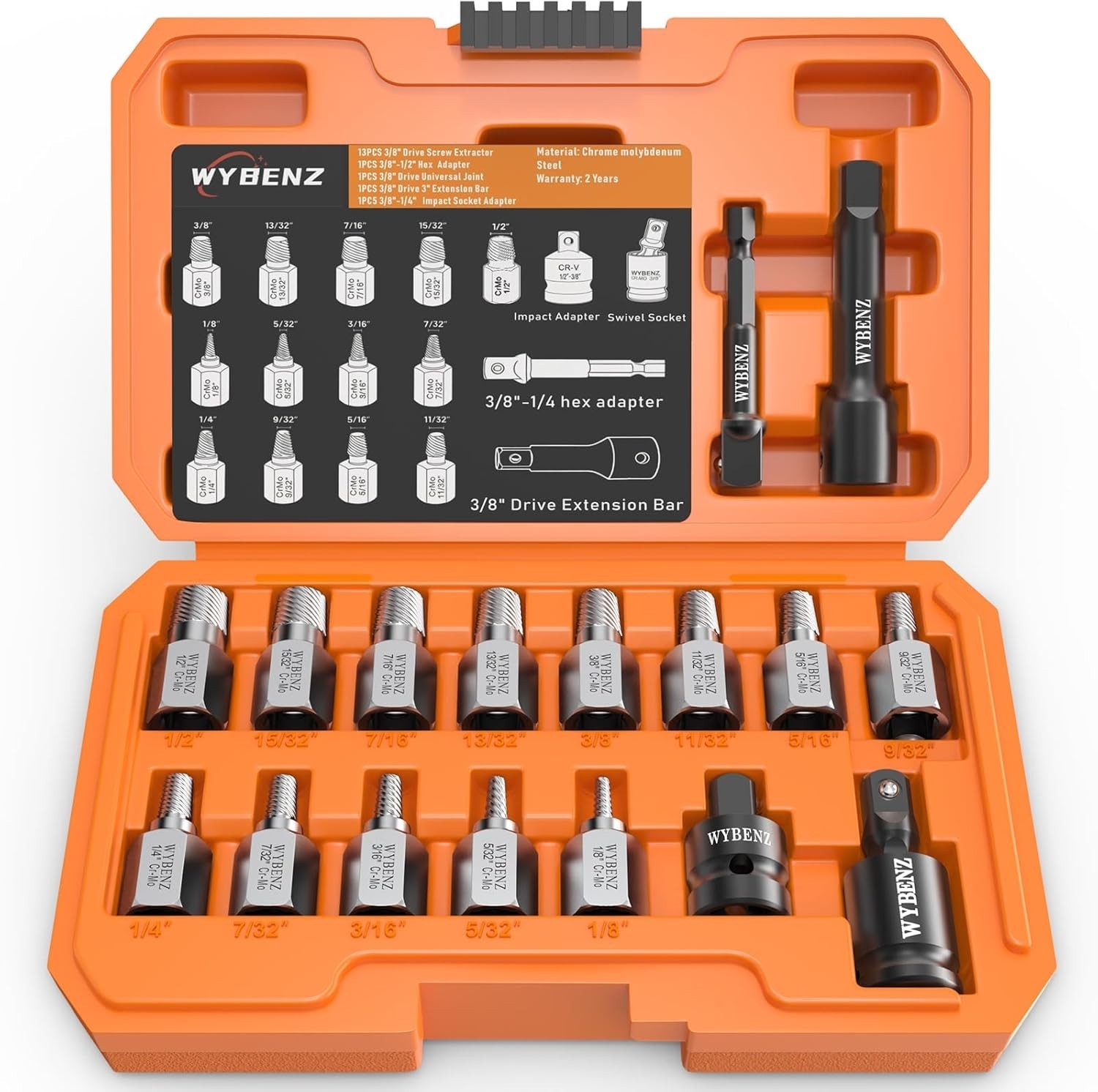 High-Quality 17-Pcs Bolt Extractor Set with Multi-Spline Design and Adapters
