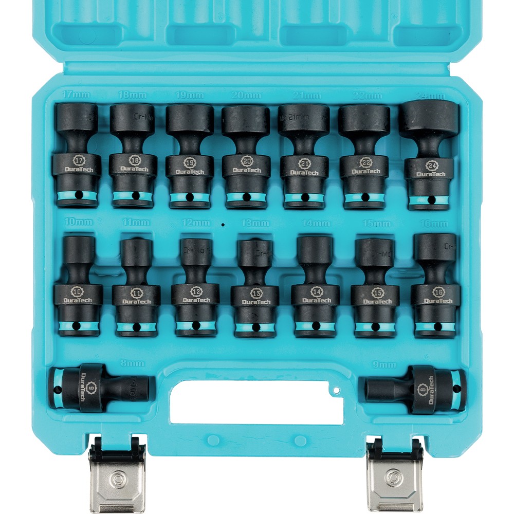 DURATECH 16PC 3/8″ Drive Shallow Impact Swivel Socket Set Wobble Metric 8mm-24mm
