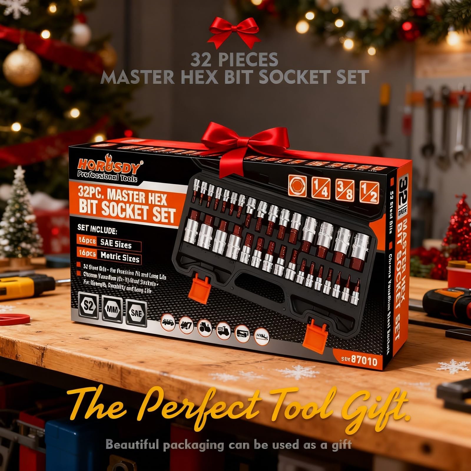 32-Piece High Torque Hex Bit Socket Set, SAE & Metric, S2 Steel, Durable Case, 1