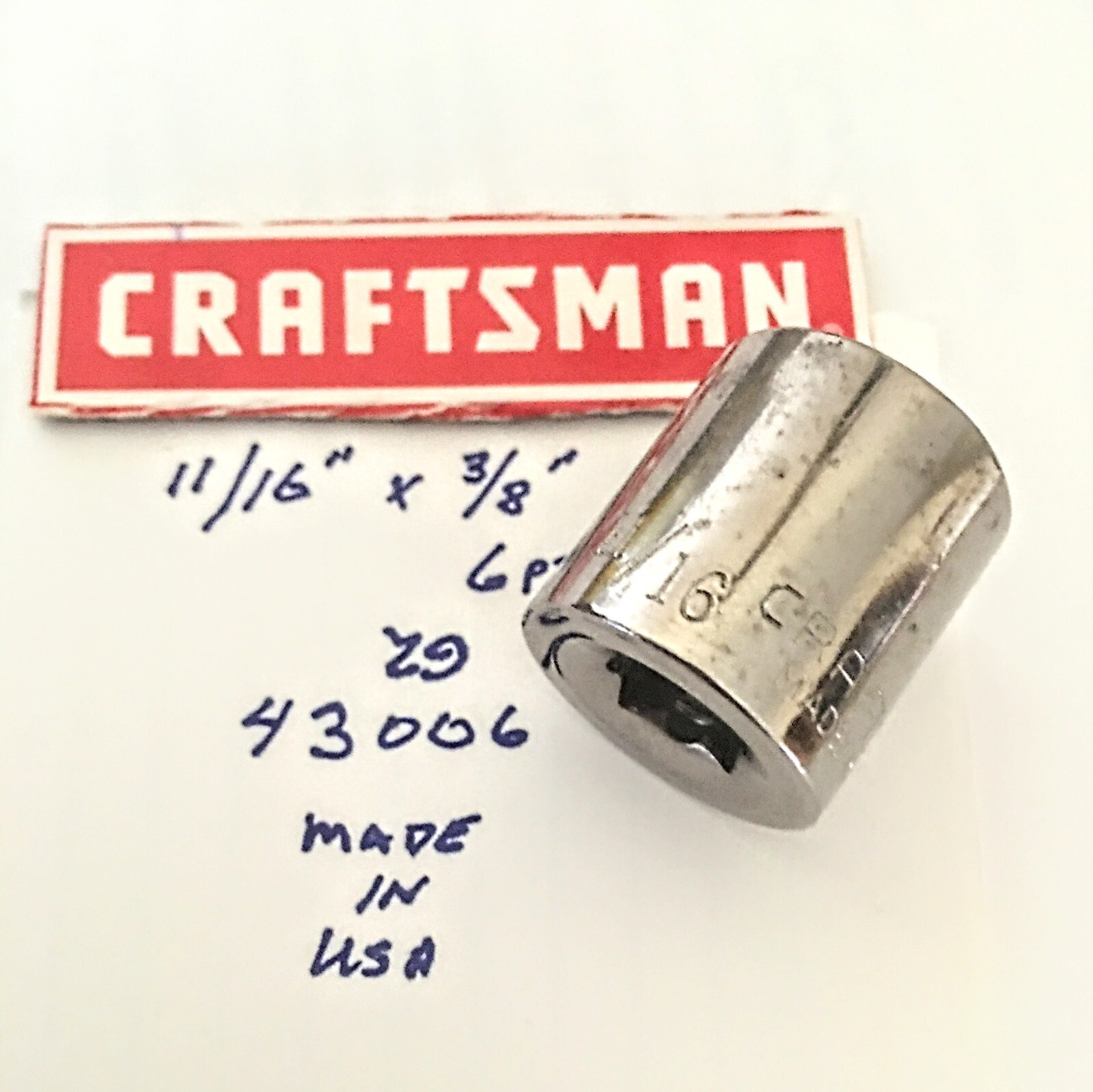 Craftsman 11/16″ x 3/8″ Dr Standard Shallow Socket 6 Pt G2 43006 Made in USA