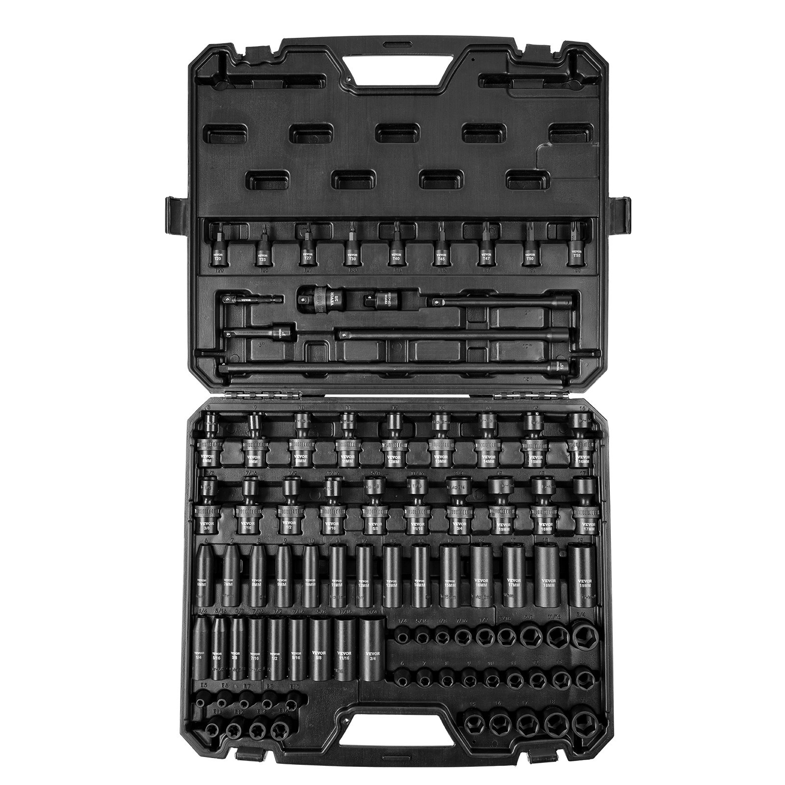 1/2 Drive Impact Socket Set Cr-Mo 6 Point SAE Metric with Extension Bars Case