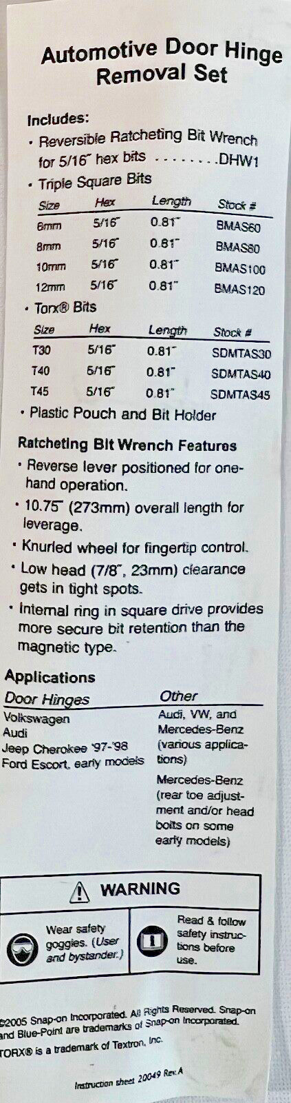 NEW Blue-Point DHS108 8pc Door Hinge Removal Set Tool * Free Shipping *