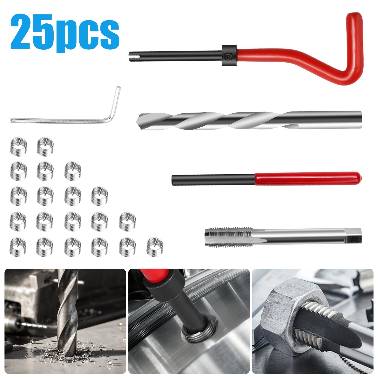 25pcs M8 x 1.25mm Thread Repair Tool Stainless Steel Wire Insert Kit Auto Engine