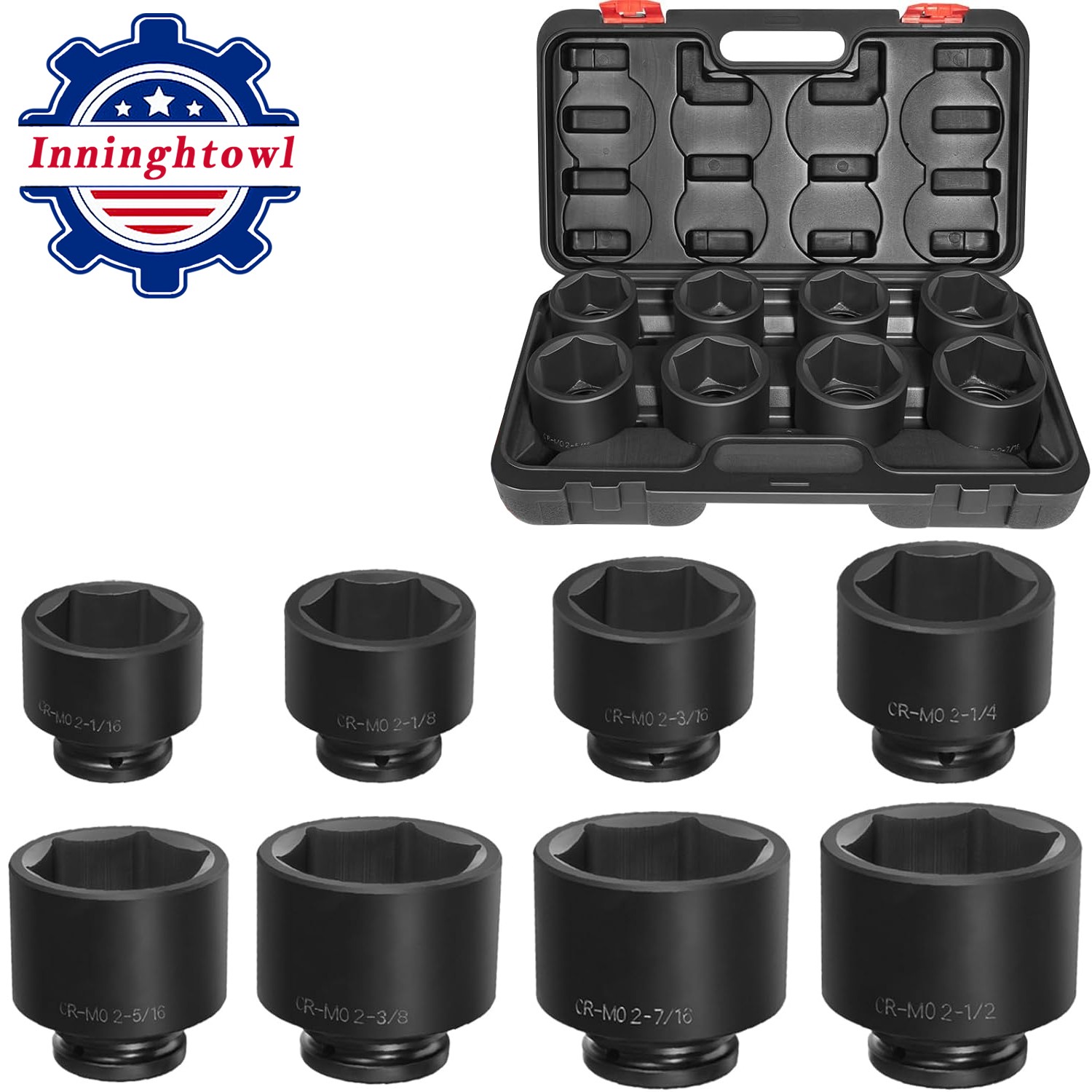 3/4″ Drive Spindle Axle Nut Impact Large Socket Set,2-1/16″ to 2-1/2″, 6-Point