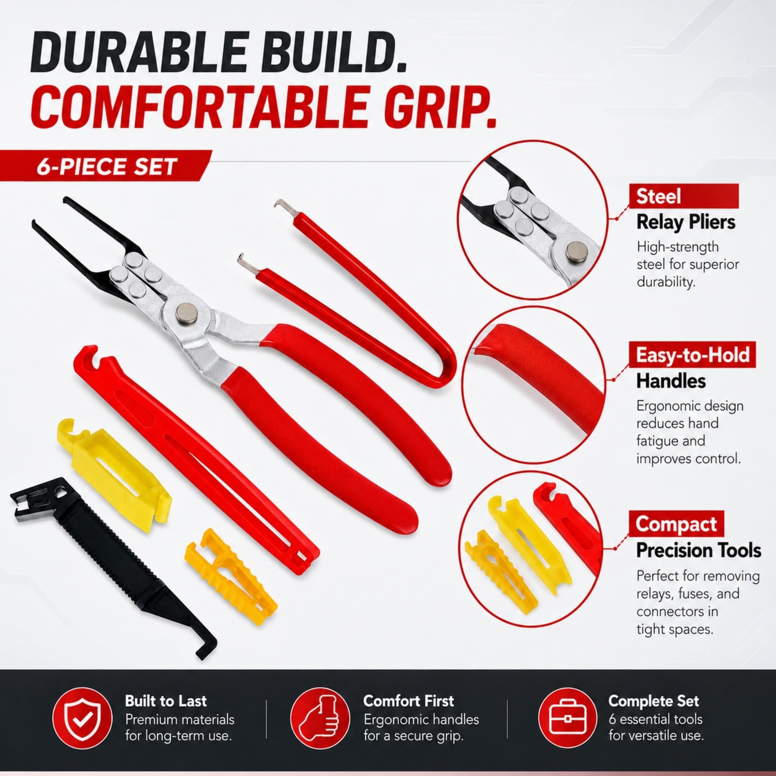 Fuse Relay Puller Pliers 6 Piece Set Forged Metal Stainless Steel Automotive Too