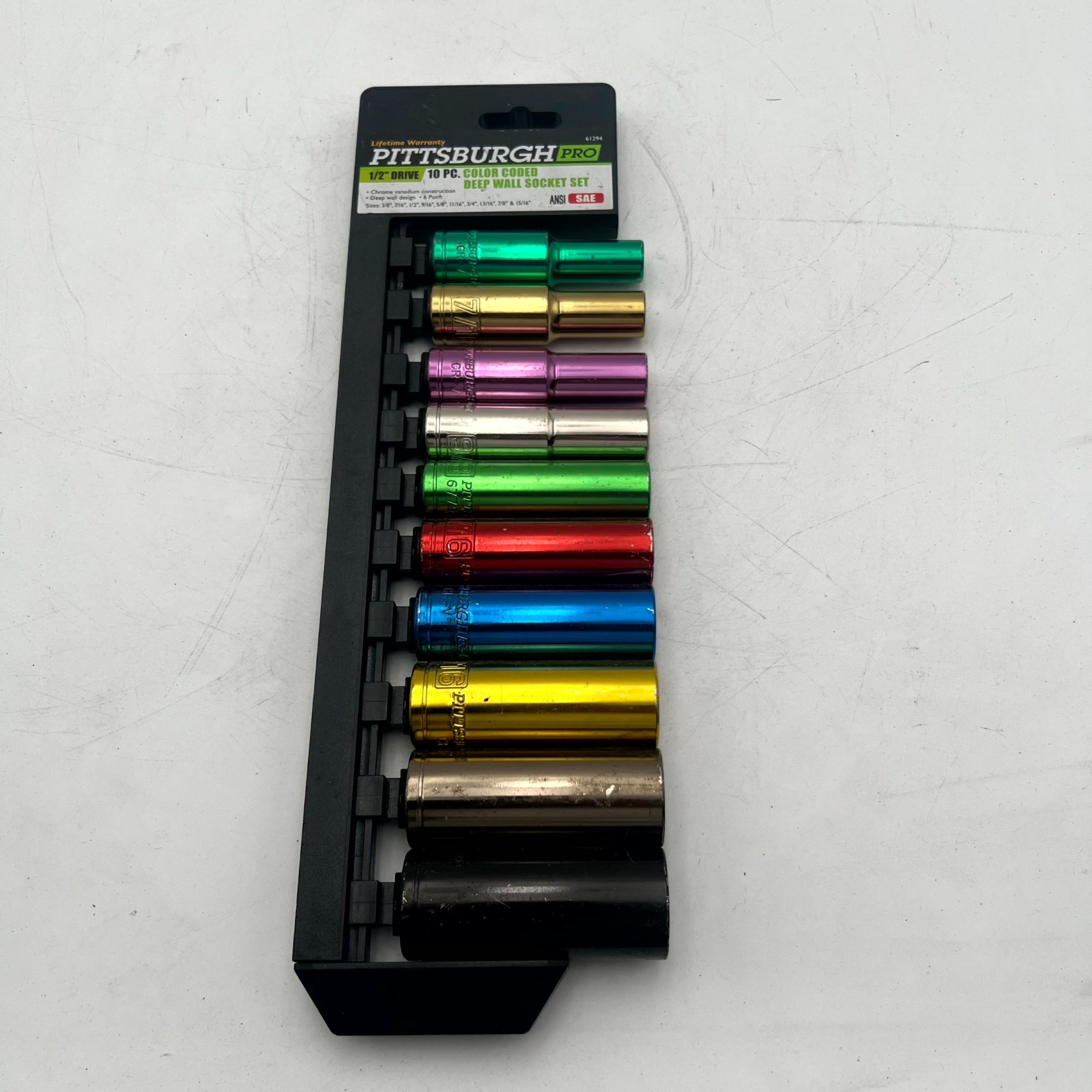 Pittsburgh Pro 1/2in Drive 10 Piece Deep Socket Set Color Coded SAE Tool Kit
