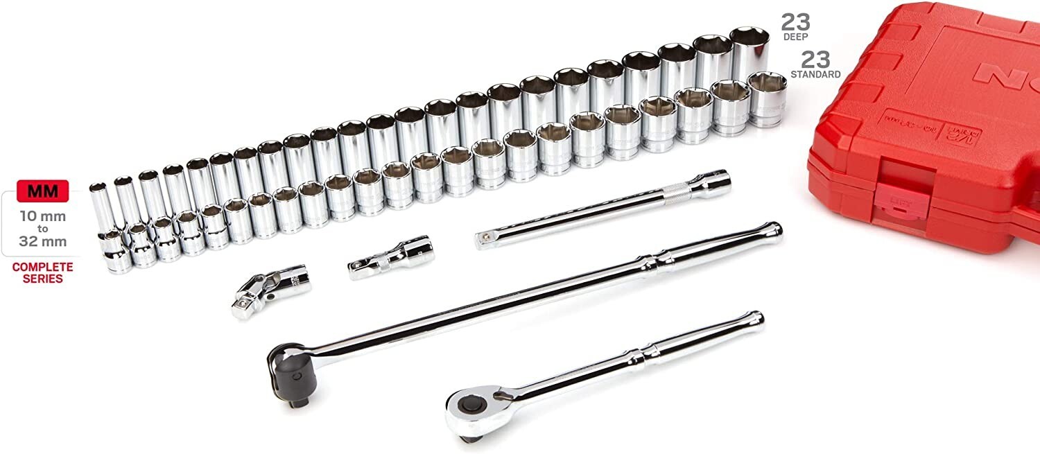 TEKTON 1/2 Inch Drive 6-Point Socket & Ratchet Set,51-Piece (10-32 mm) SKT25201