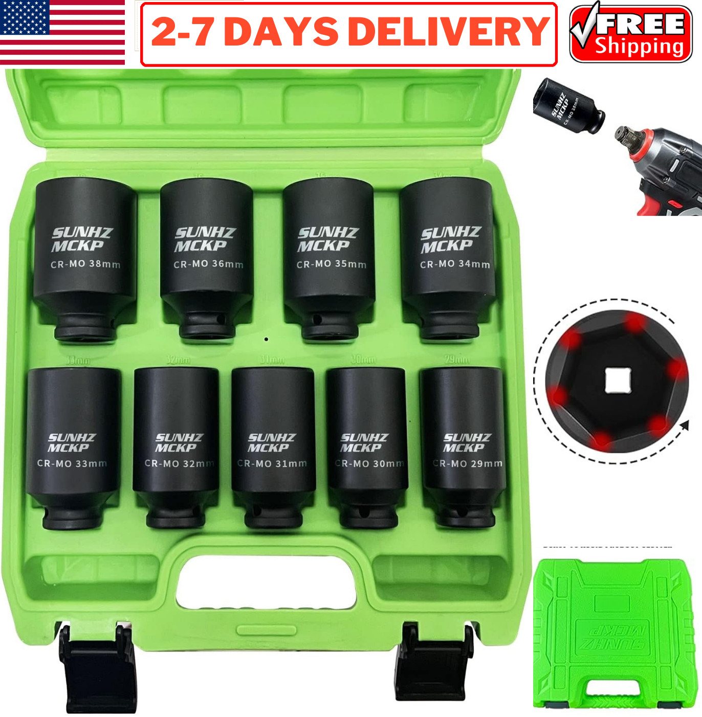 9pc Deep Impact Socket Set 1/2″ Inch Drive Metric Spindle Axle Nut Set 29mm-38mm