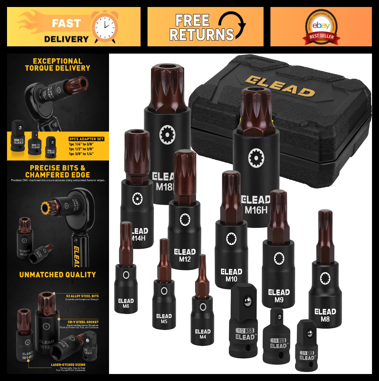 13-Piece Triple Square Spline Bit Impact Socket Set, Premium S2 Steel, M4-M18, D
