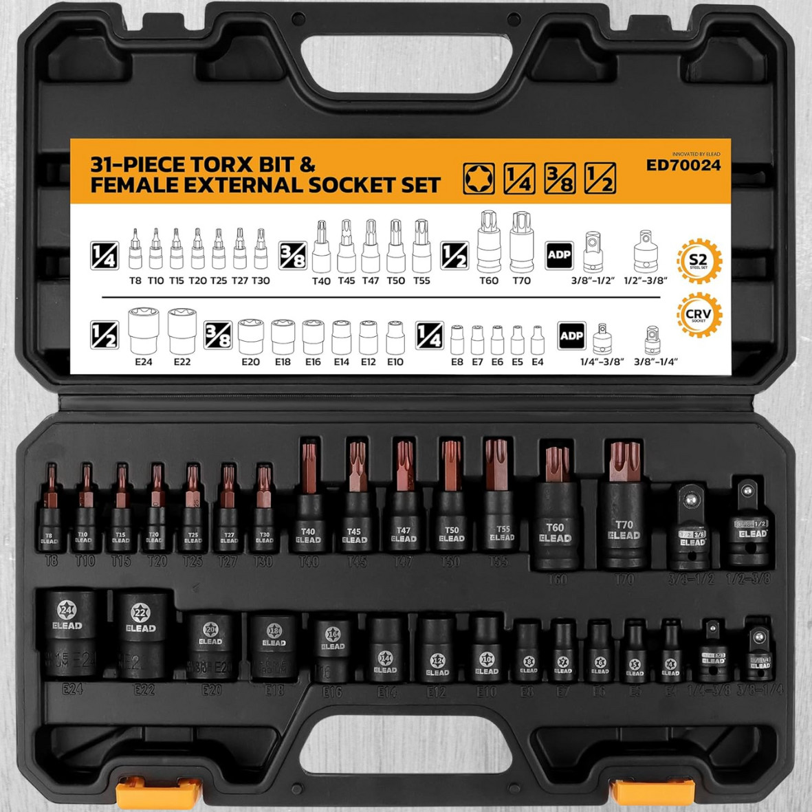 31PC Torx Bit Socket Set T8-T70 & E-Torx E4-E24 S2 Alloy Steel Star Premium CR-V