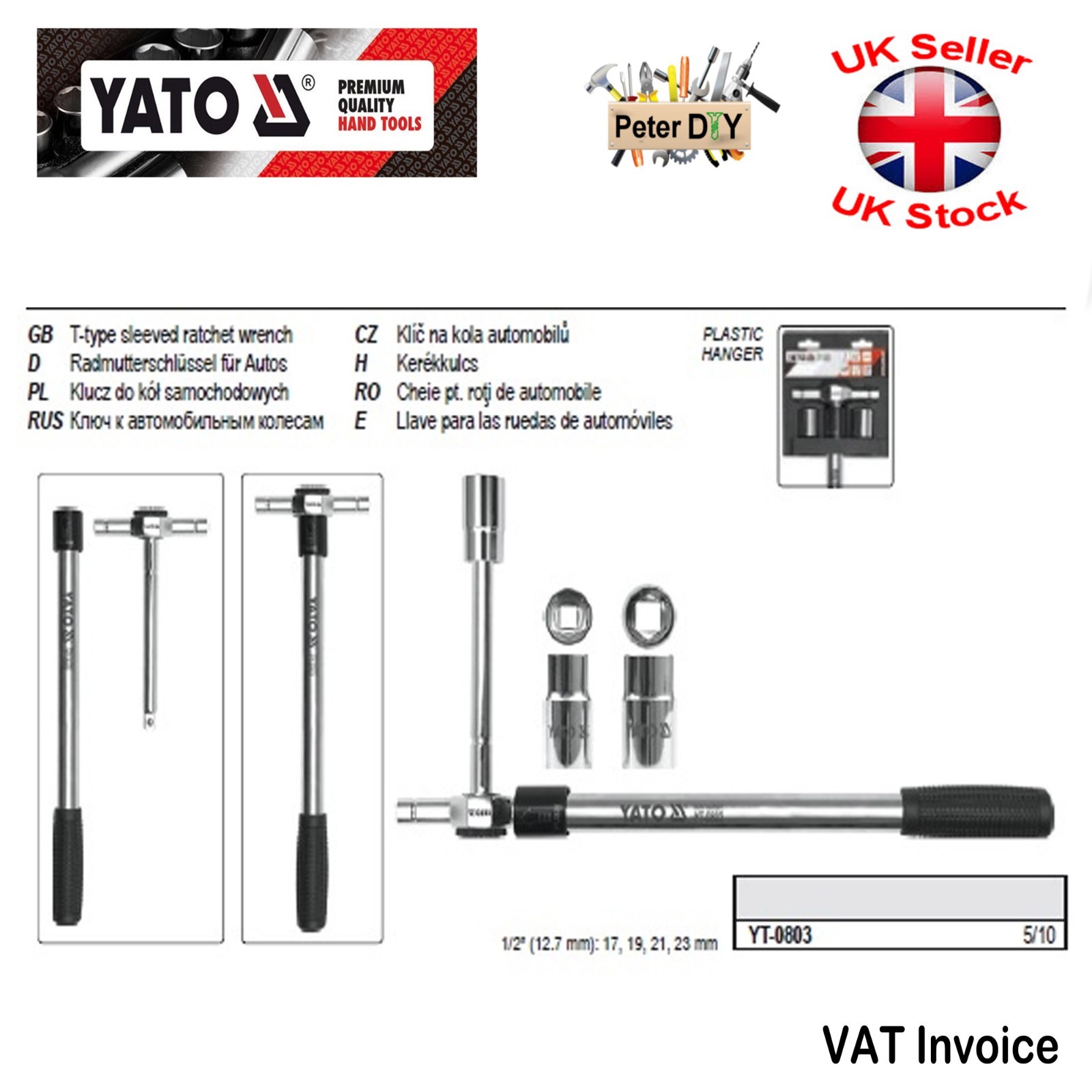 Yato Professional T-TYPE SLEEVED RATCHET WRENCH WHEEL BRACE 17 19 21 23mmYT-0803