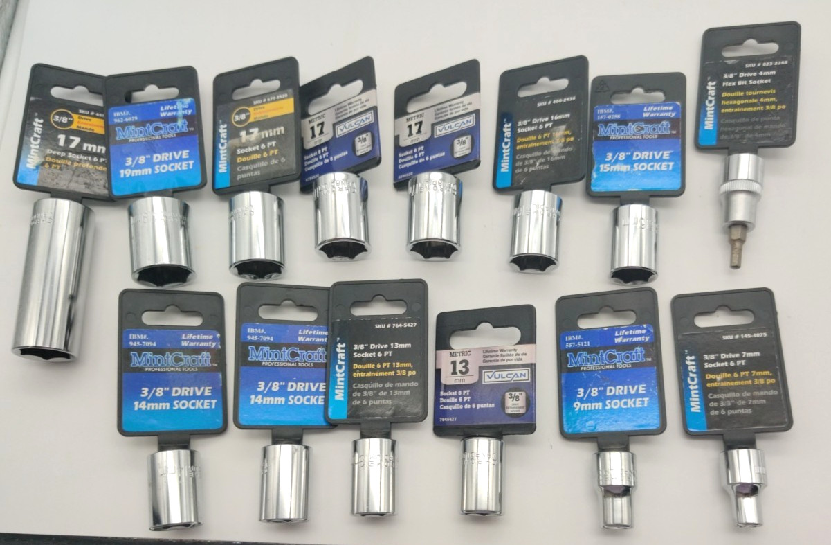 14pc Assorted Lot of 3/8″ Drive Sockets, Metric Deep Well, Regular and Hex Bit