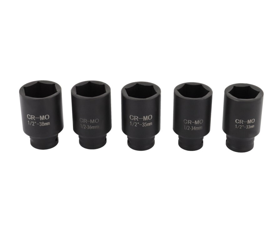 5pcs 33 34 35 36 38mm 1/2» Drive 6 POINT Deep Spindle Axle Nut Socket Set