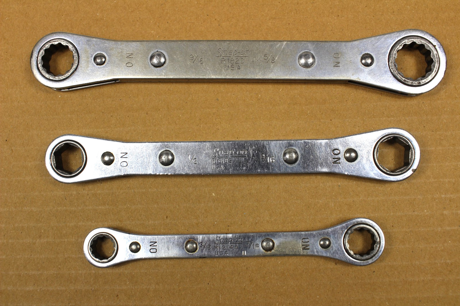 Snap-on 3/8″×7/16″-1/2”x9/16” -9/16”x5/8” 12pt Ratchet Wrench Lot Of 3 Pcs.