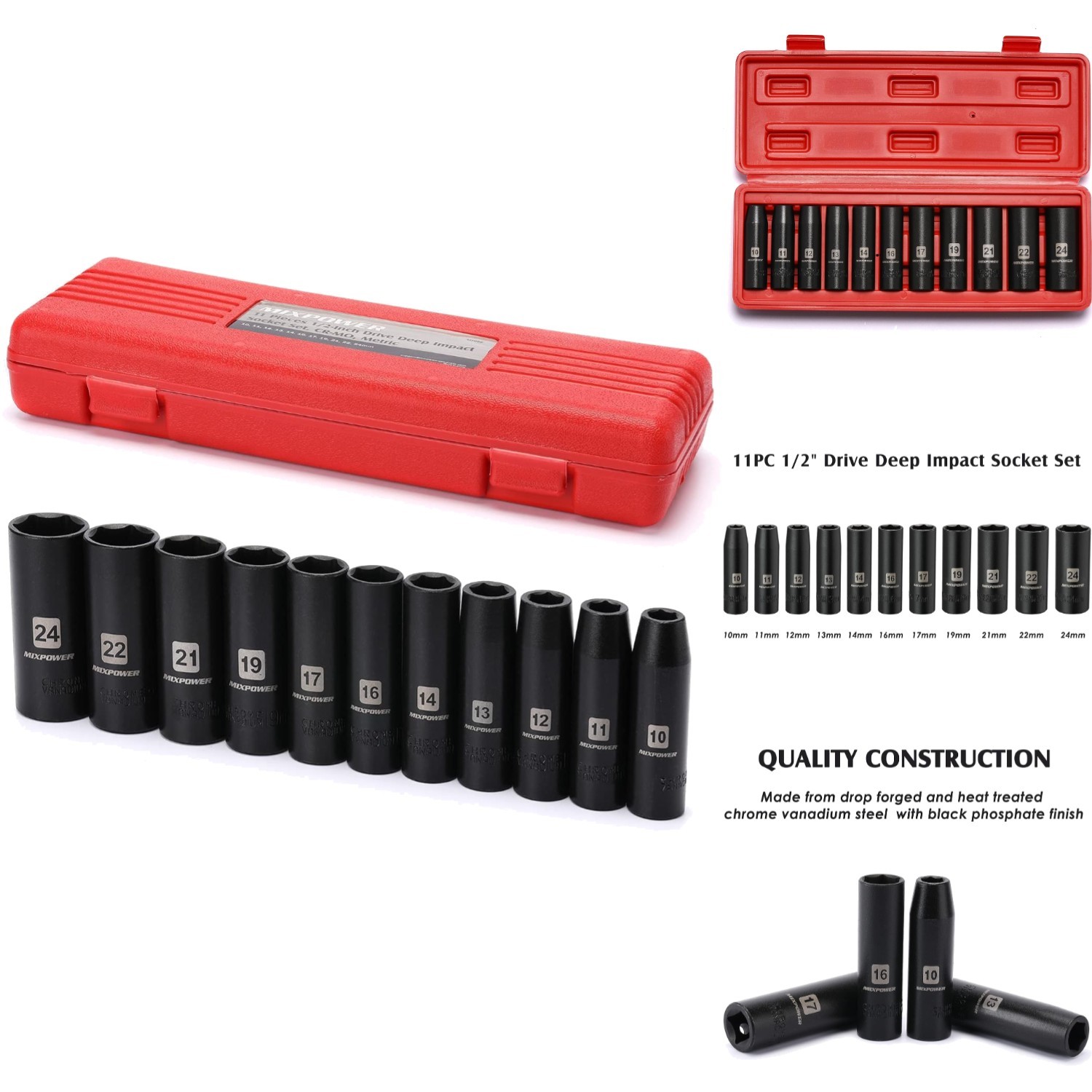 Durable 11-Piece 1/2-Inch Drive Metric Impact Socket Set, CR-V with Black Finish