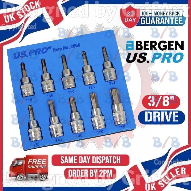 US PRO 10PC STAR BIT SOCKET SET 3/8″ DRIVE TORX RATCHET MALE SQUARE T10 TO T55