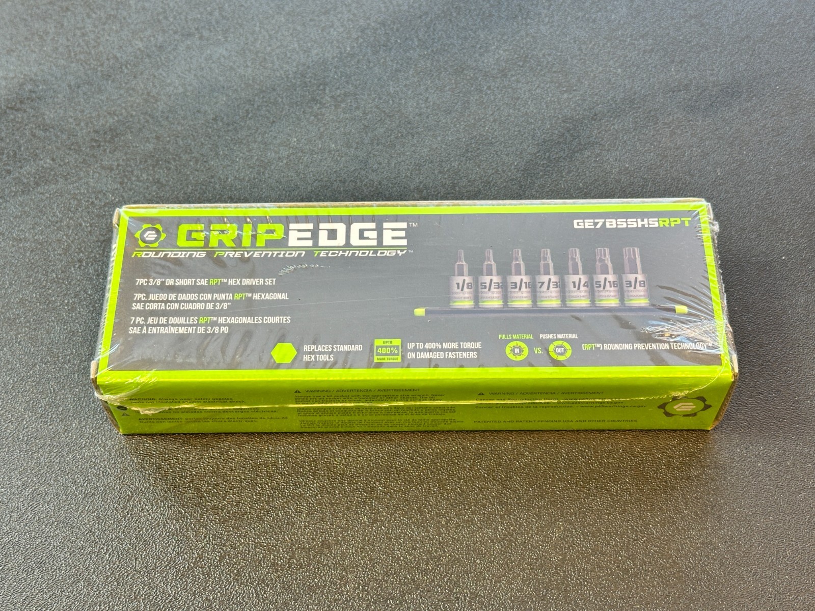 NEW GripEdge Tools 7pc 3/8 Drive Short SAE RPT Hex Driver Set GE7BSSHSRPT