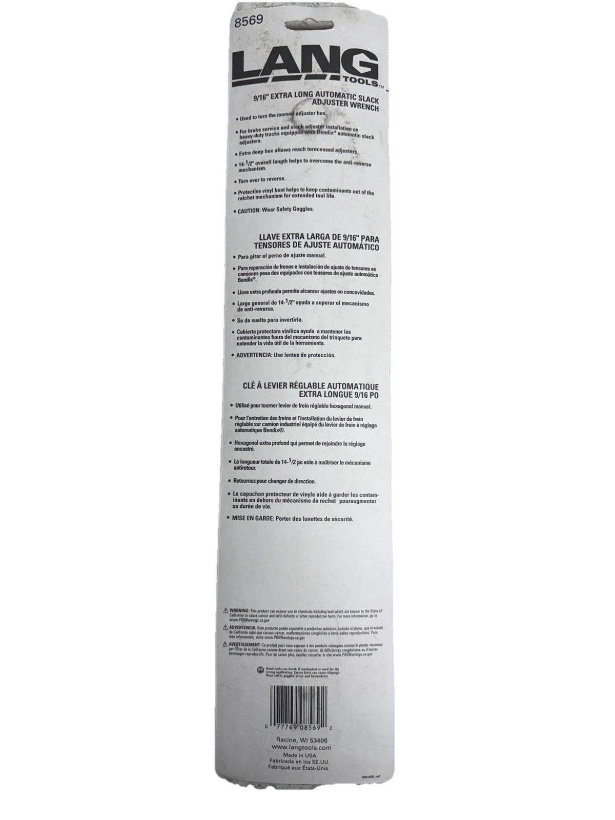 Lang Tools 8569 9/16″ Extra Long Automatic Slack Adjuster Wrench Bendix USA New