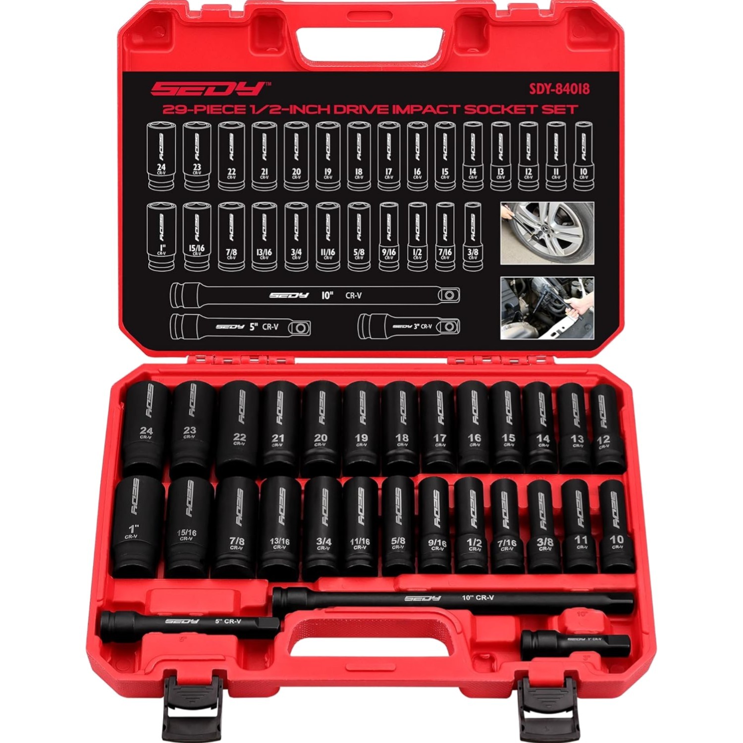 29-Piece Impact Socket Set 1/2 Inch Drive SAE Metric Deep Shallow High Durabi…
