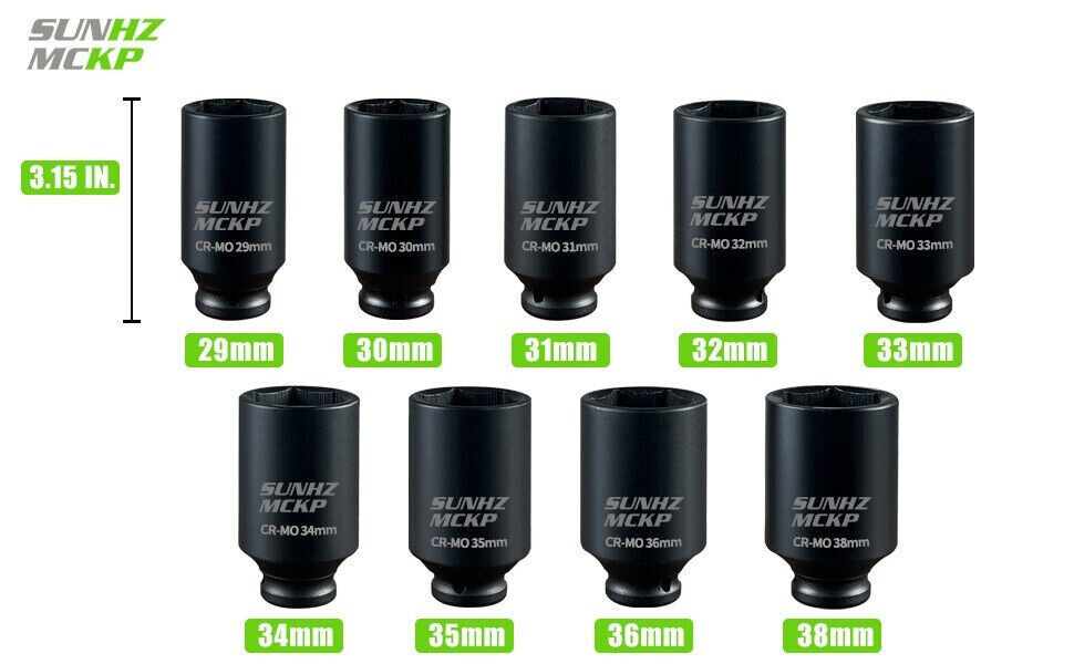 Impact Socket Set 1/2″ Inch Drive Metric 29mm-38mm Deep 6-Point Spindle Axle Nut