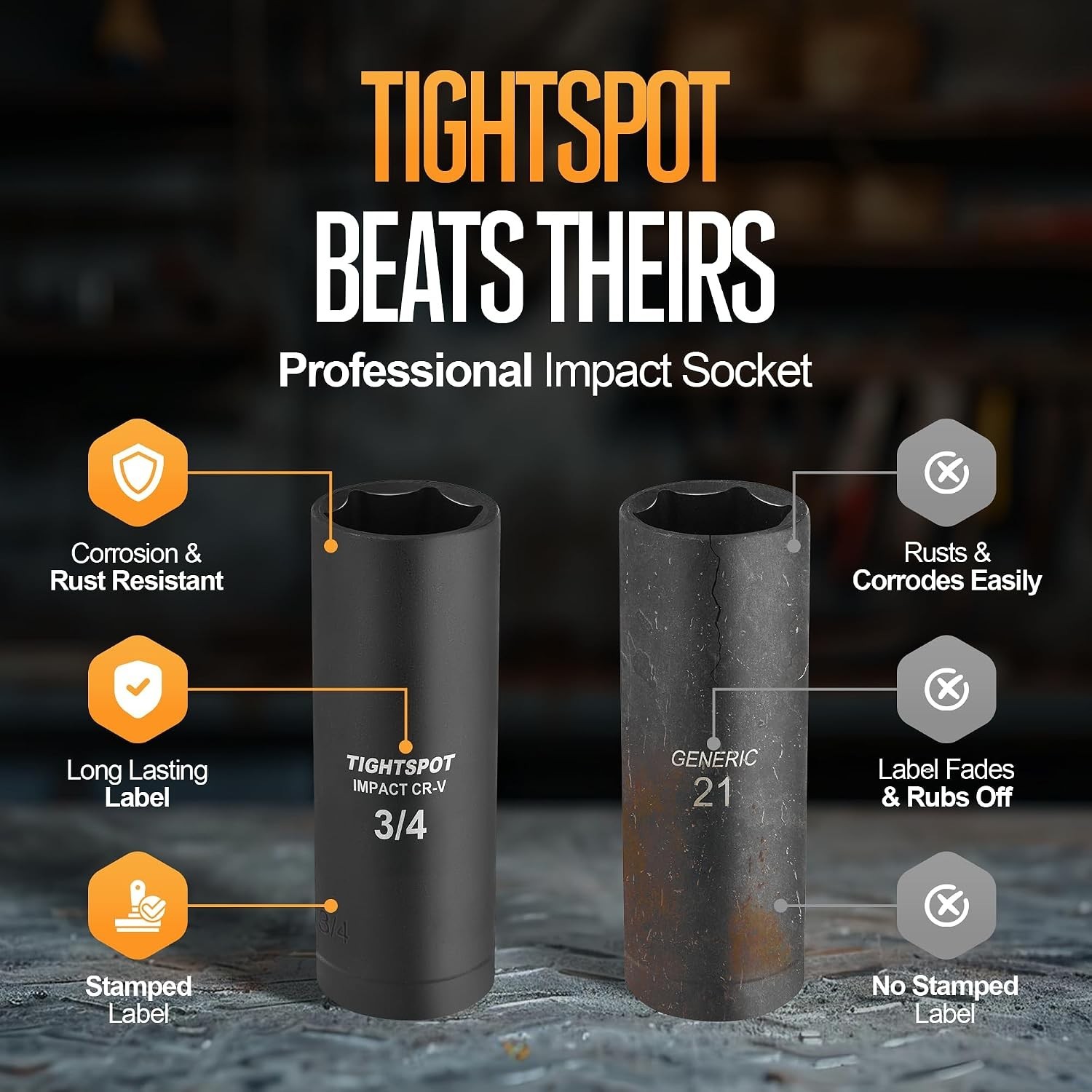 3/4 Inch Deep Impact Socket, 1/2 Inch Drive, Heat-Treated CRV Steel Construction