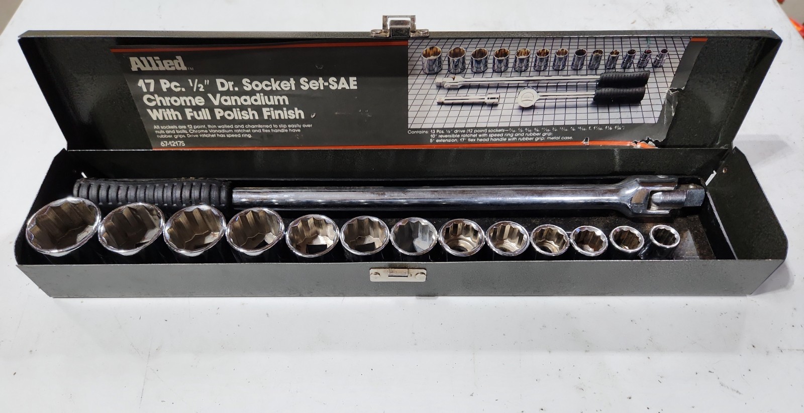 Allied 1/2″ Dr. Socket Set SAE 12 Pt 14 Pieces Only #67-1217S Metal Box Vintage