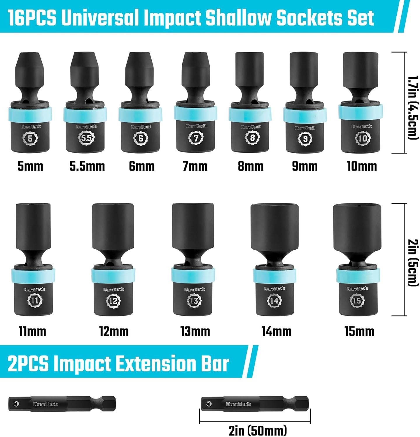 High-Quality 14-Piece Impact Socket Set with Laser-Etched Markings & Extensions