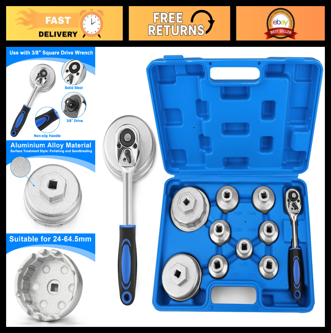 10pcs Oil Filter Wrench Socket Set, 24-64mm, Compatible with Toyota VW BMW Ford