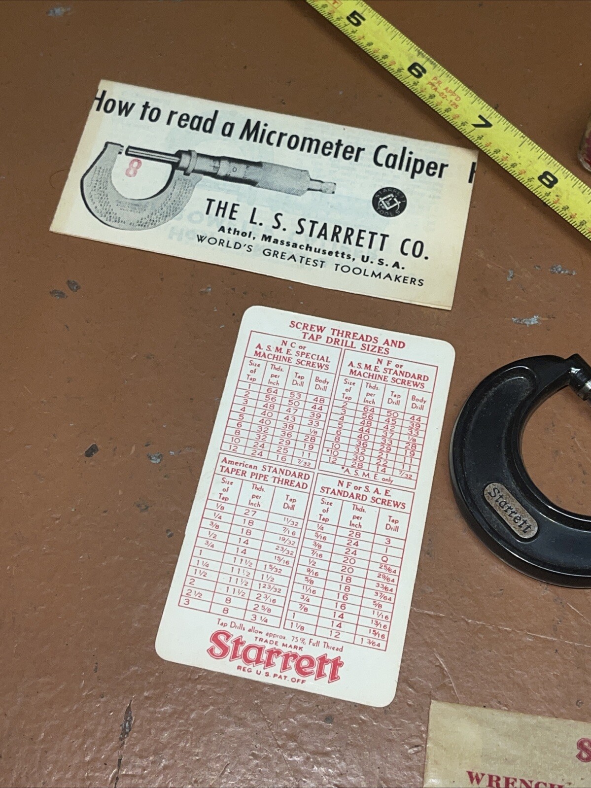 Vintage LS Starrett No 436 F 4361 1 In Micrometer CALIPER Box And Papers Wrench
