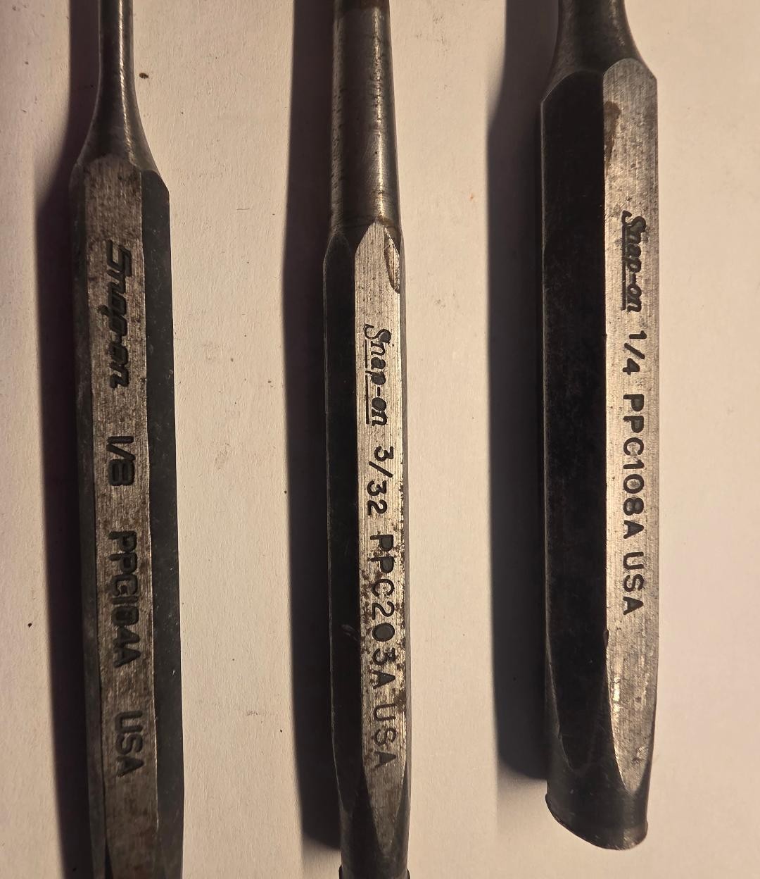 Snap On 1/8″ PPC104A, 3/32″ PPC203A, 1/4″ PPC108A Pin Punches (Set of 3)