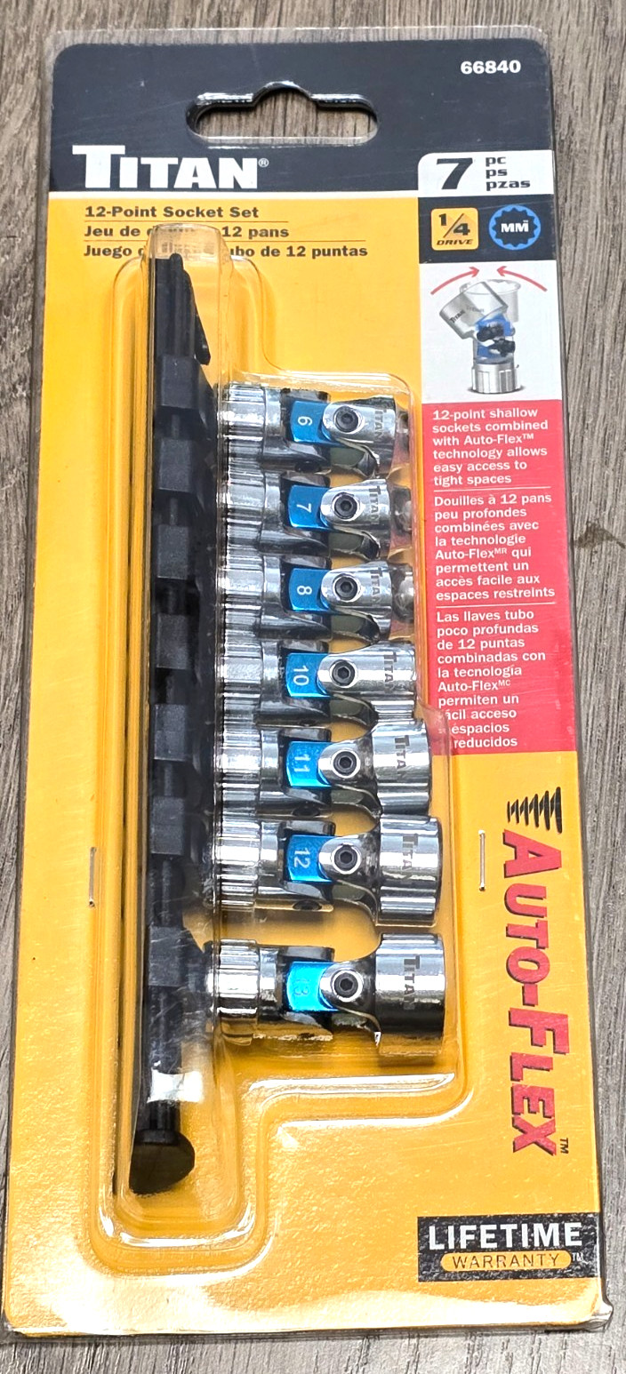 Titan 7pc 1/4″ Auto-Flex Spring Loaded 12pt METRIC Flex Socket Set w/Rail #66840