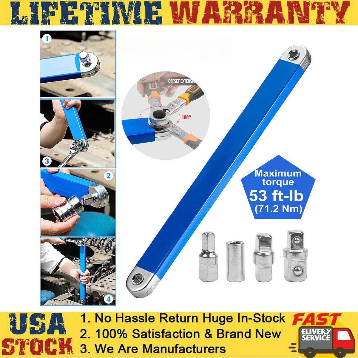 Offset Extension Wrench Set Ratchet Spanner Wrench with 4 Extender Adapter New