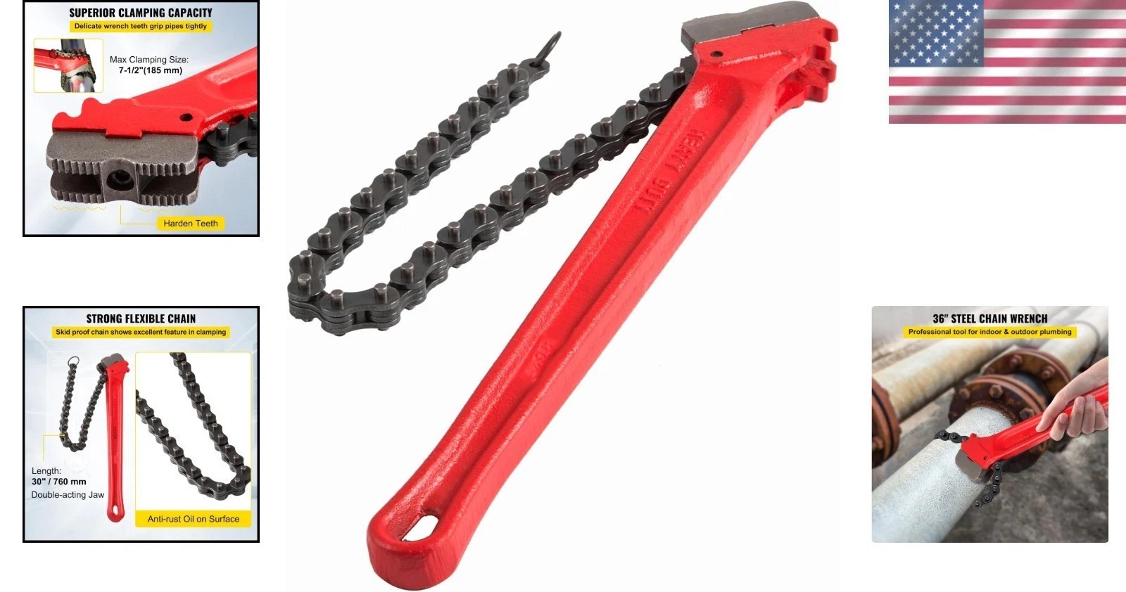 Professional 36″ Oil Filter Chain Wrench, Ergonomic, Powder Coated, Durable