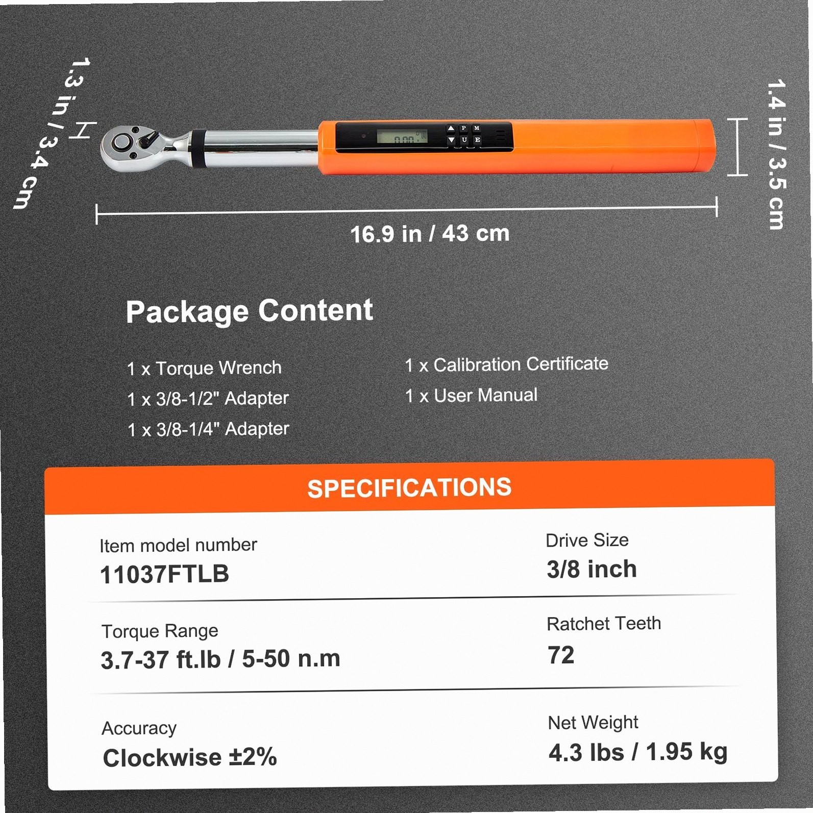 High-Accuracy 3/8″ Digital Torque Wrench ±2% Calibration 3 Modes