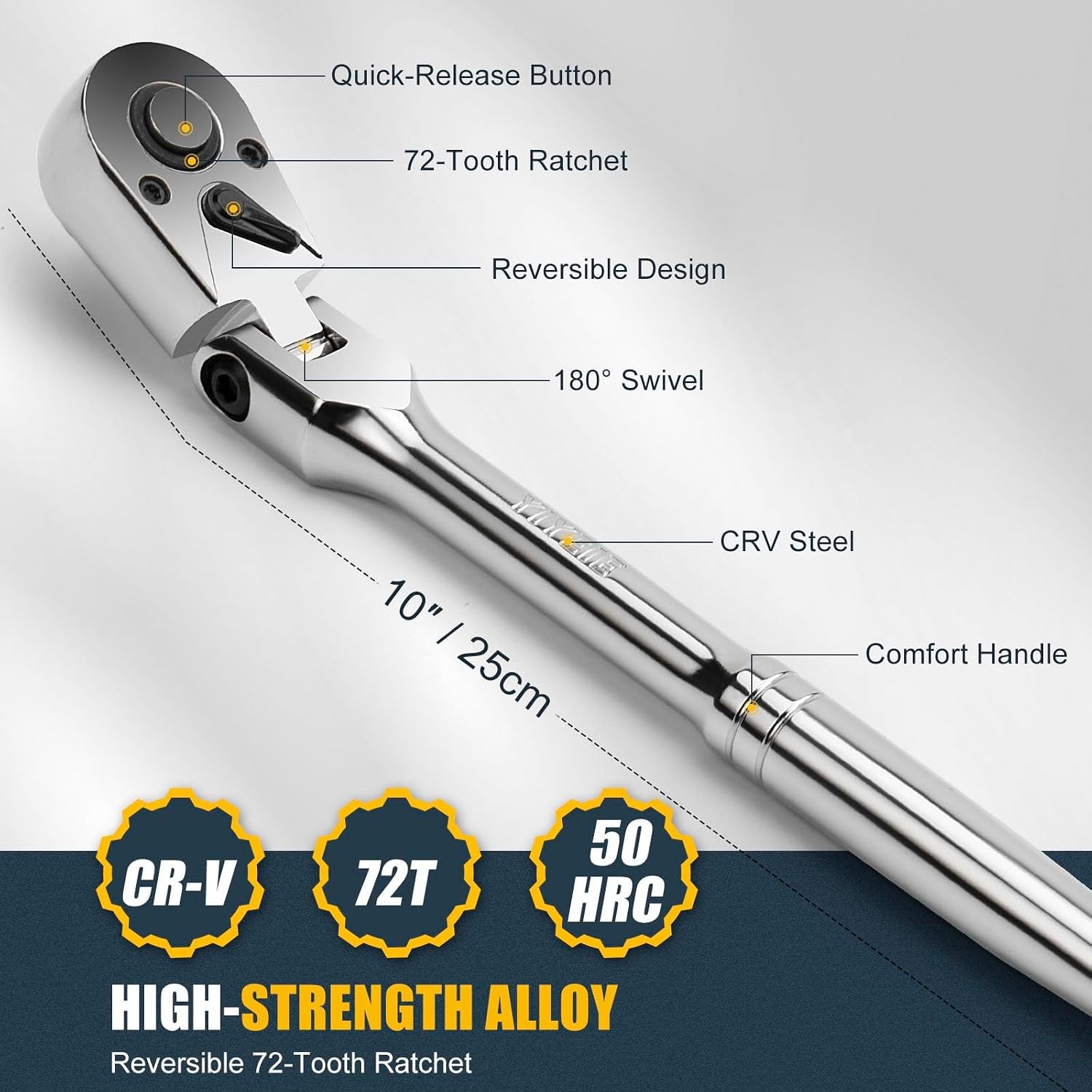 3/8″ Drive Flex Head Ratchet, 72 Tooth Swivel Head Ratchet, Quick-Release, CR…