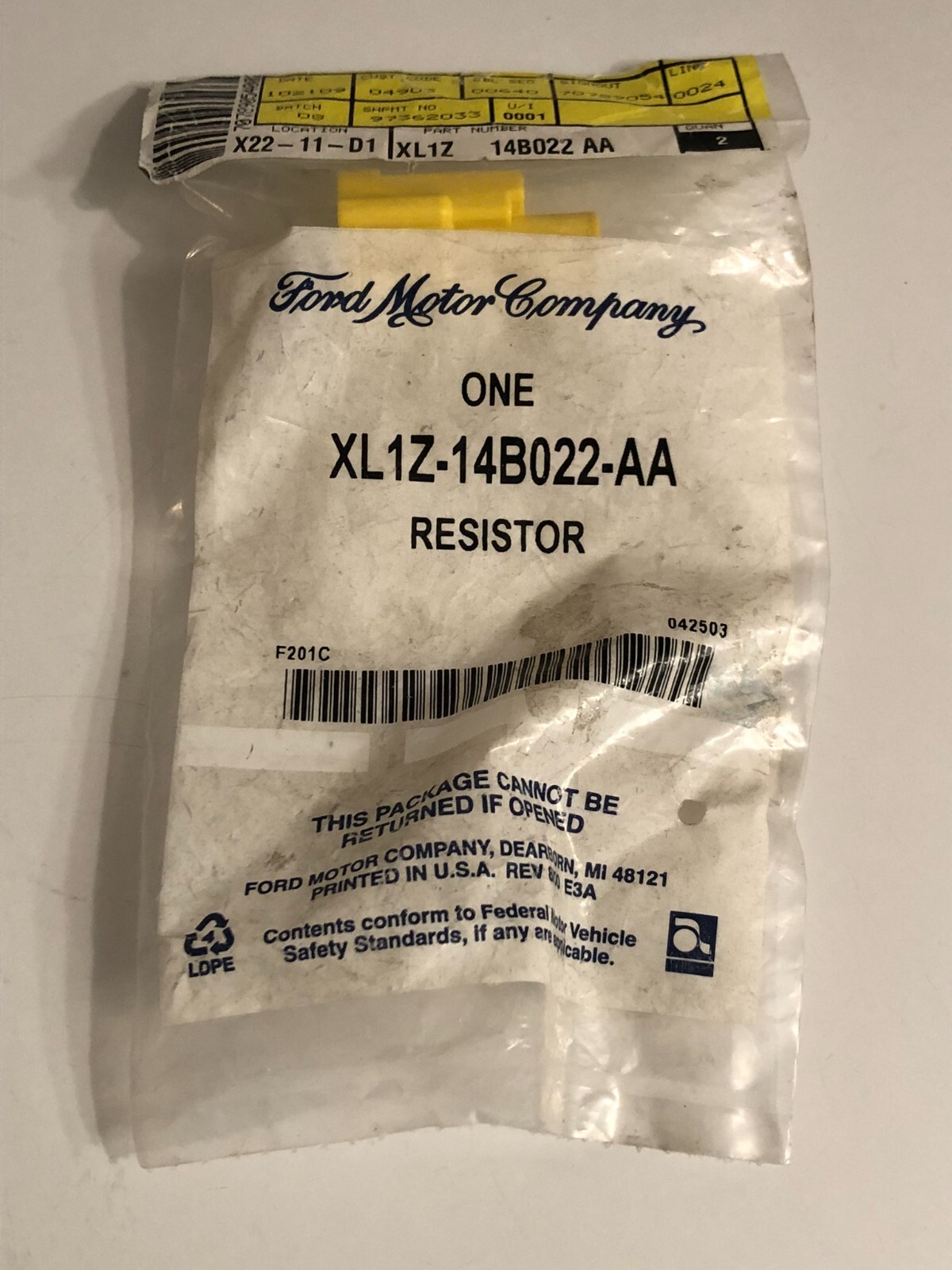 FORD Genuine OEM XL1Z-14B022-AA SRS Side Bag Light Eliminator Resistor Connector