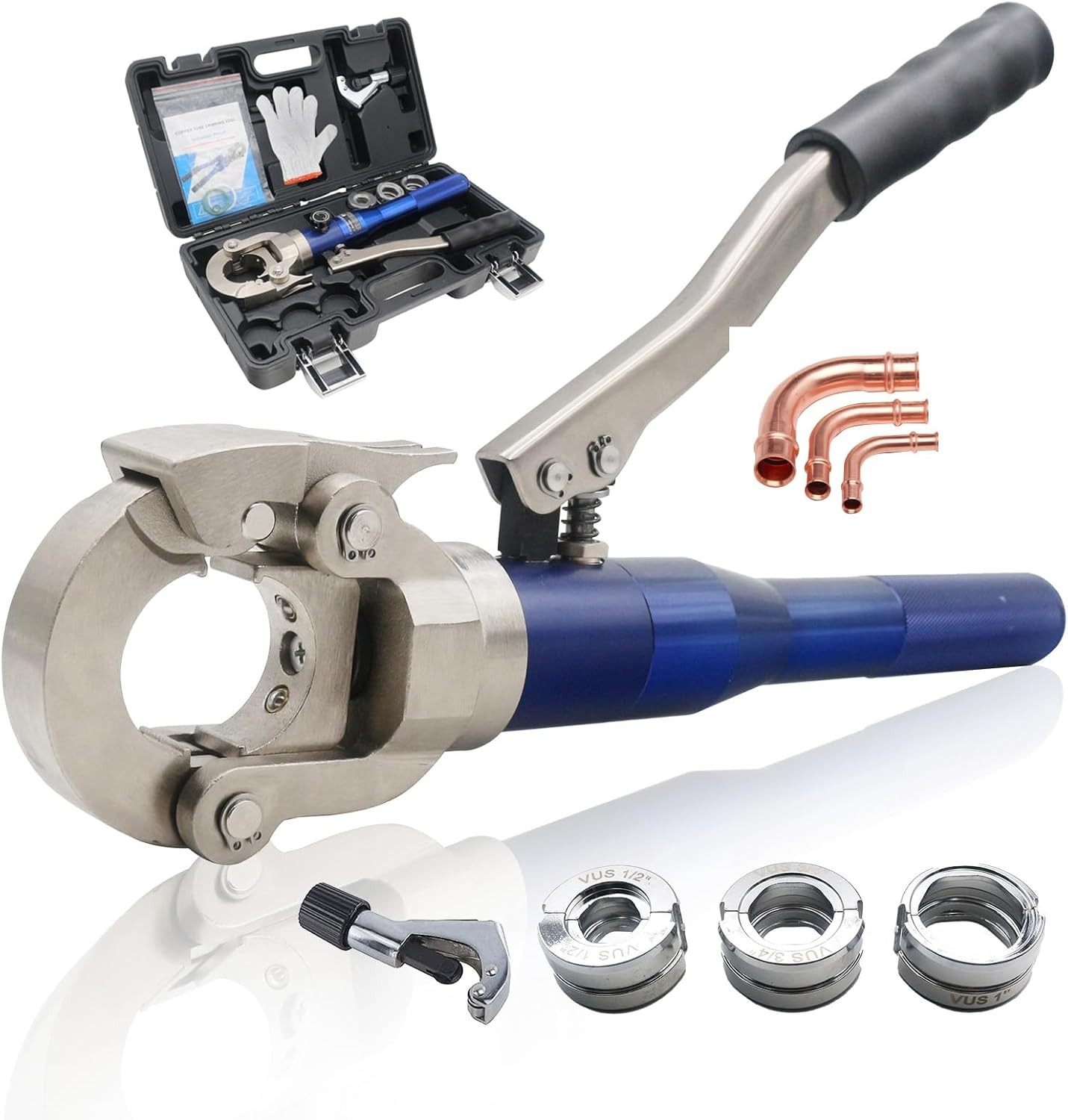 Hydraulic Copper Press Tool with 1/2″,3/4″ and 1″ Jaw Silver, Blue, Black