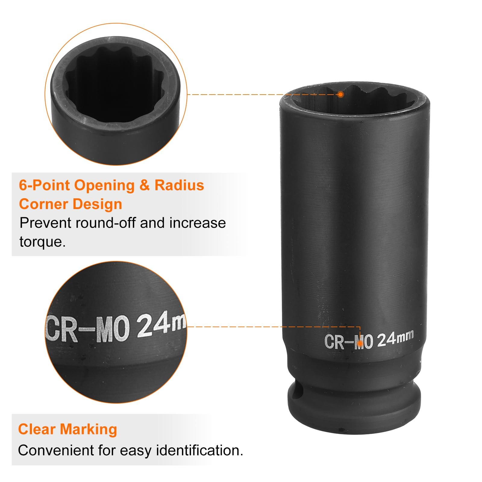 HARFINGTON 12-Point Deep Impact Socket 1/2 Inch Drive 24mm Metric Chrome