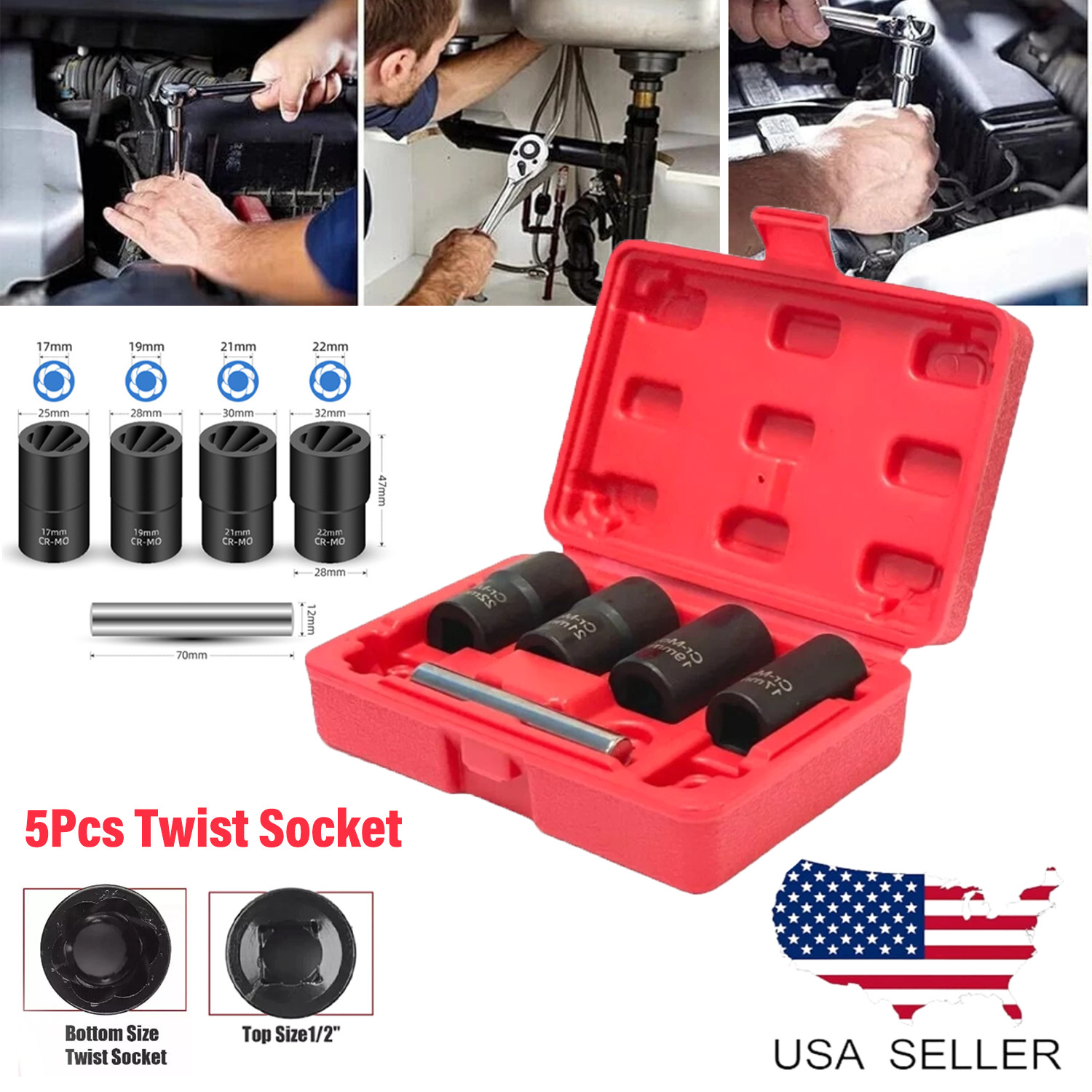 5Pcs Twist Socket 1/2” Drive For Wheel Lug Nut Damaged Removal and Extractor