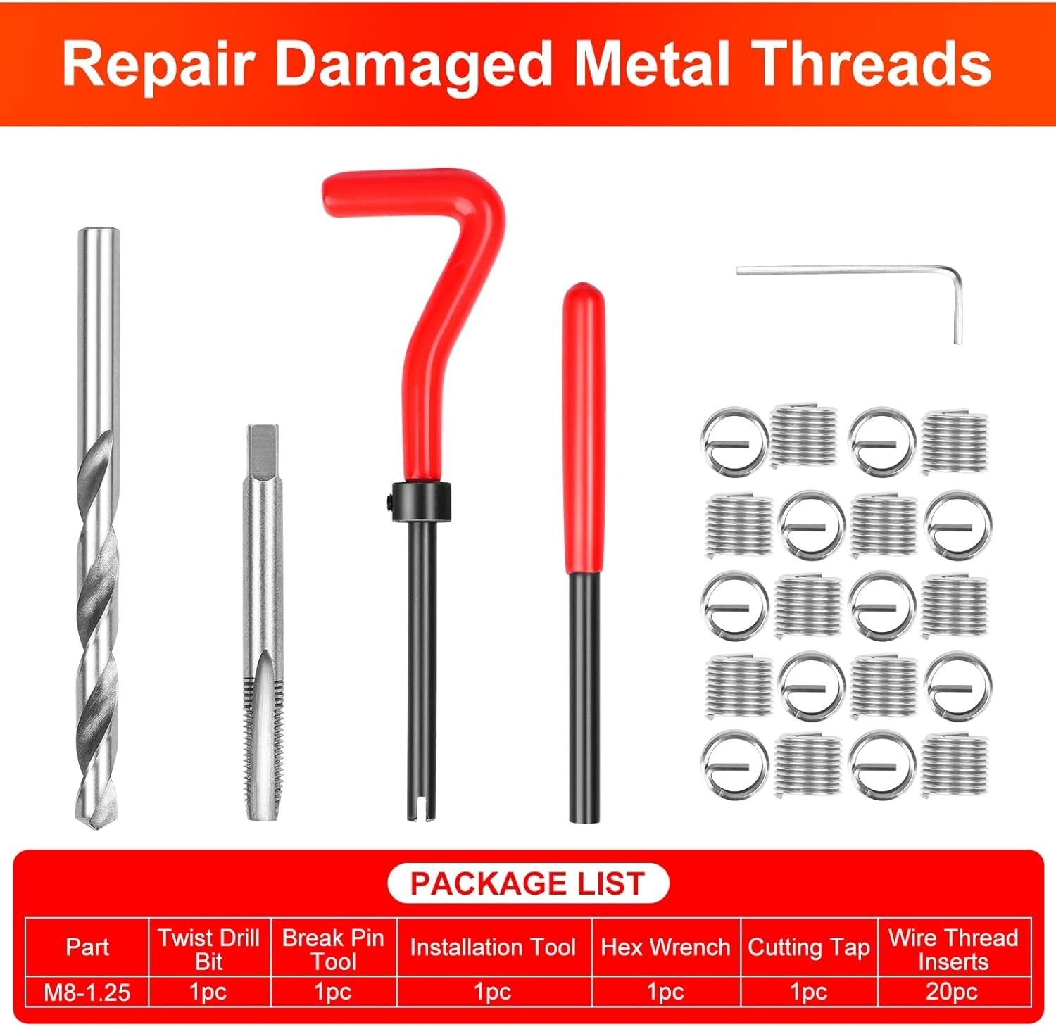 25pcs M8 x 1.25mm Thread Repair Tool Stainless Steel Wire Insert Kit Auto Engine