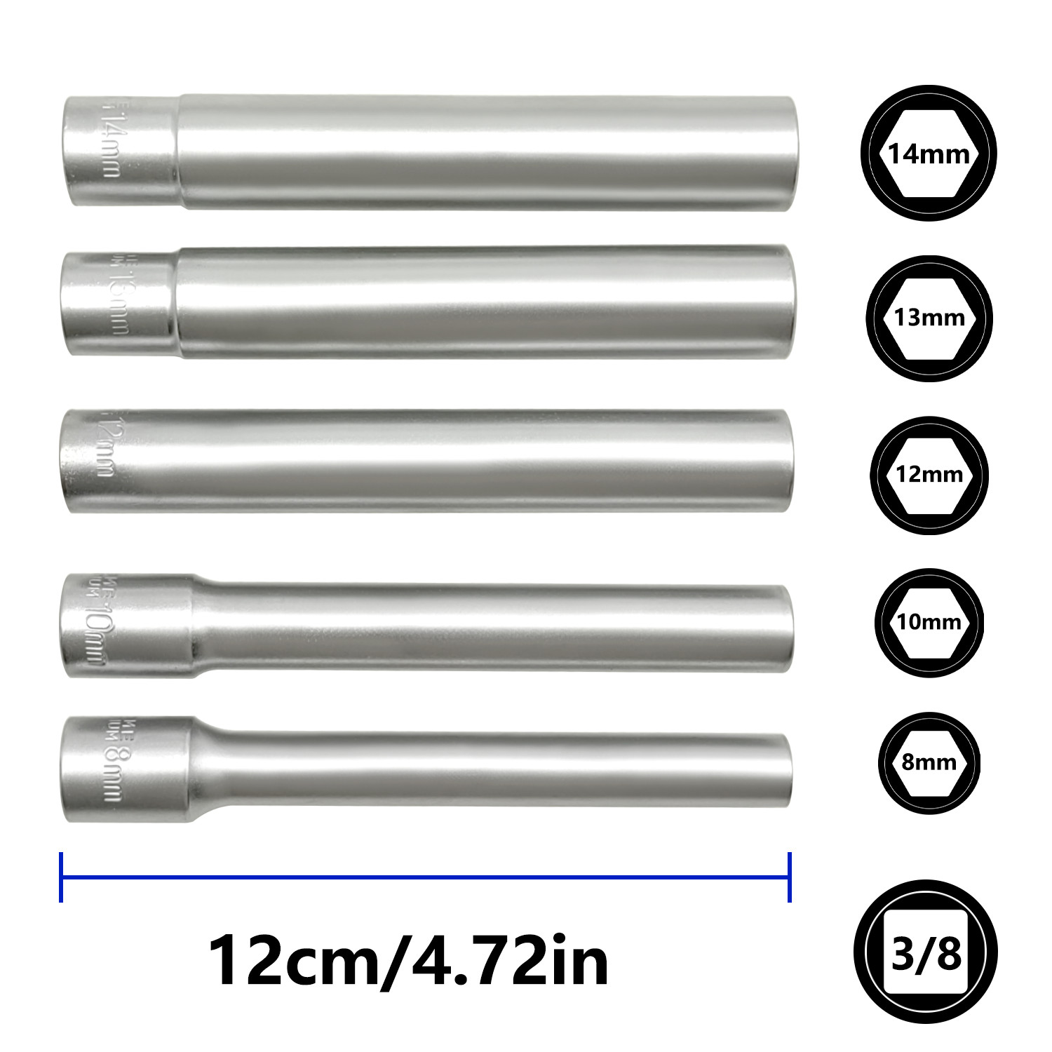 5PCS 3/8″ Extra Deep Metric Thin Wall Socket Kit For 12PT 8-10-12-13-14MM 120MM