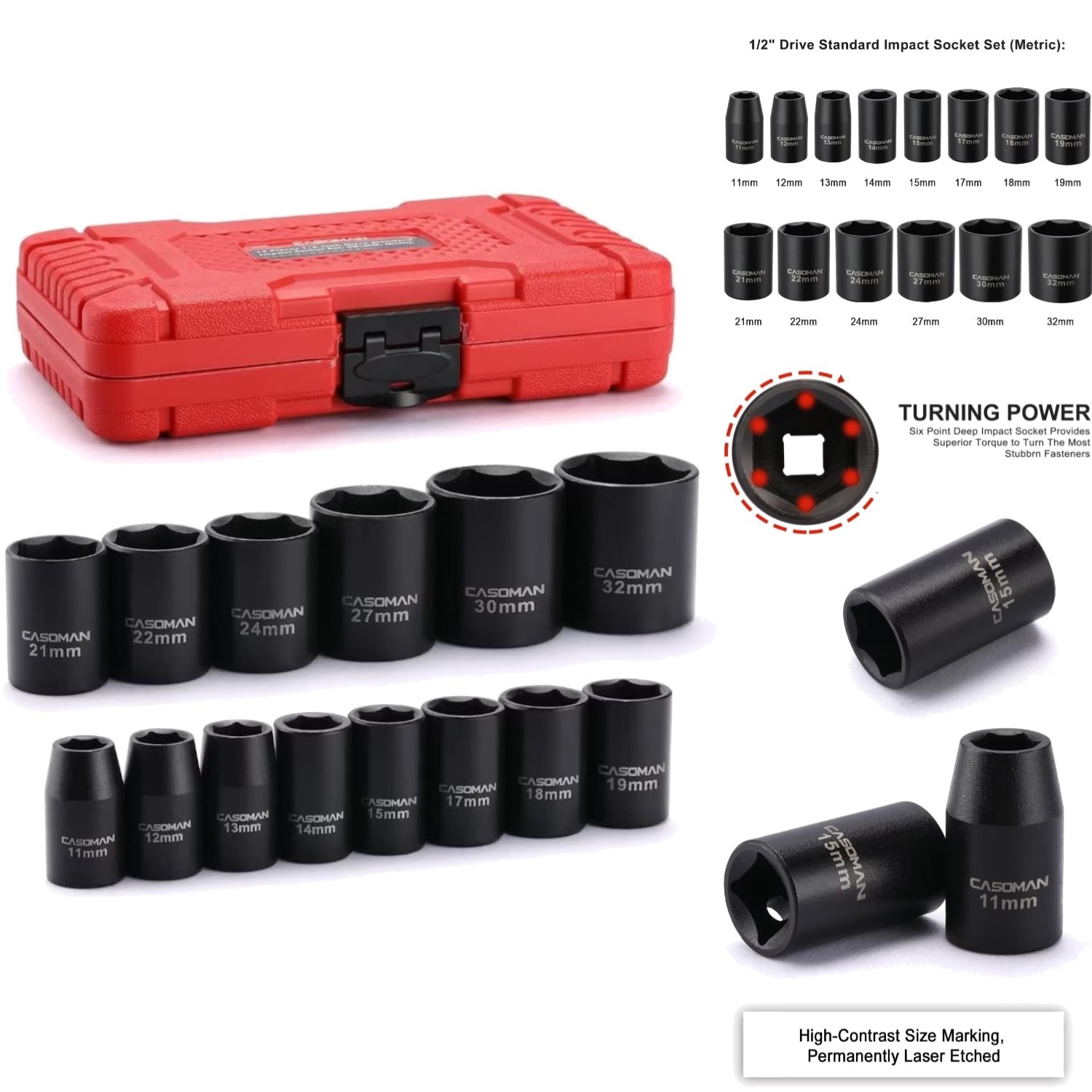 14 Piece 1/2″ Drive Shallow Impact Sockets Metric Set 6-Pt 11mm to 32mm Sockets