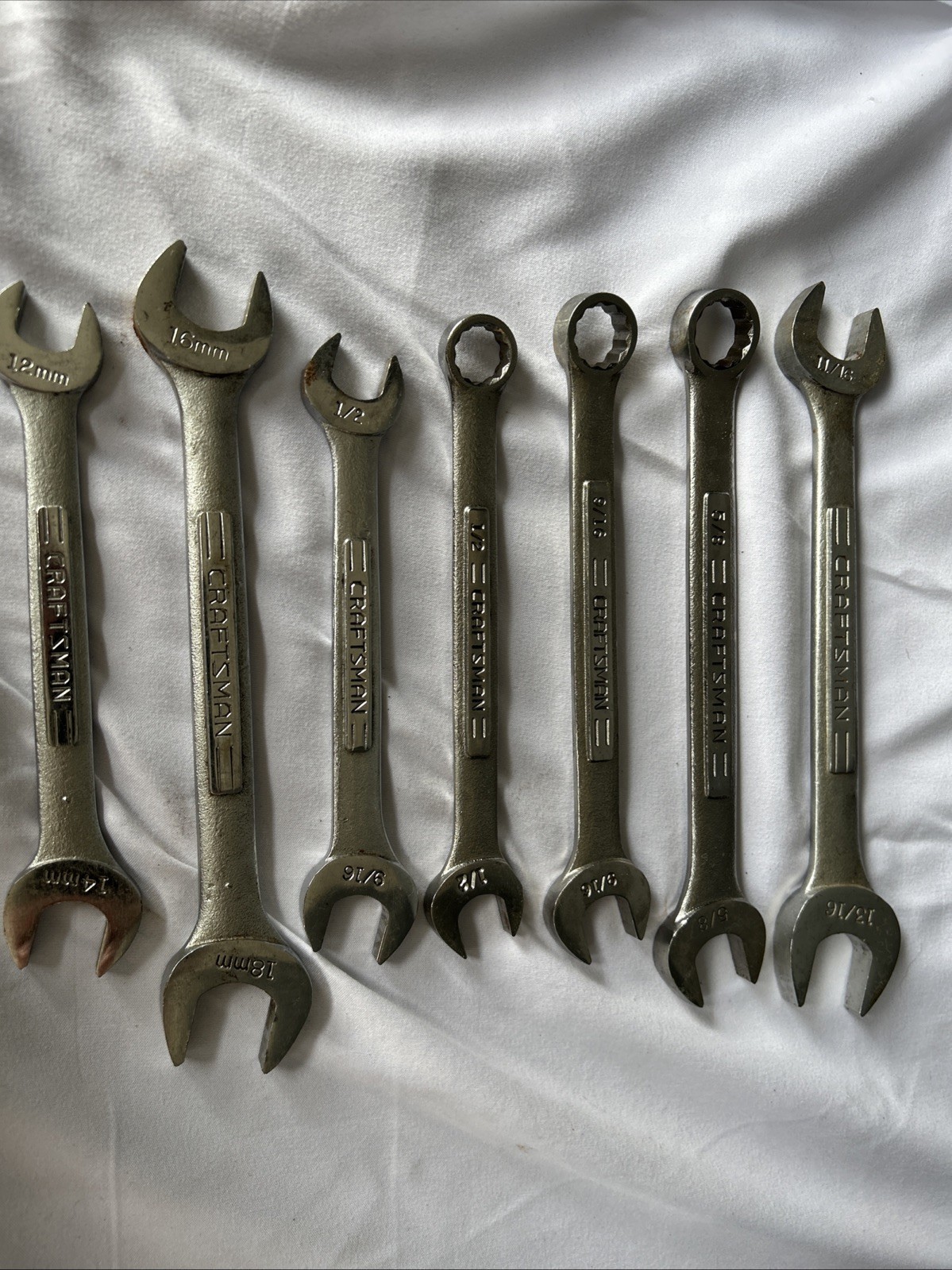 7 Craftsman Wrenches. 13/16-11/16, 1/2-9/16 Open 5/8, 9/16, 1/2, 18mm,14mm Combo