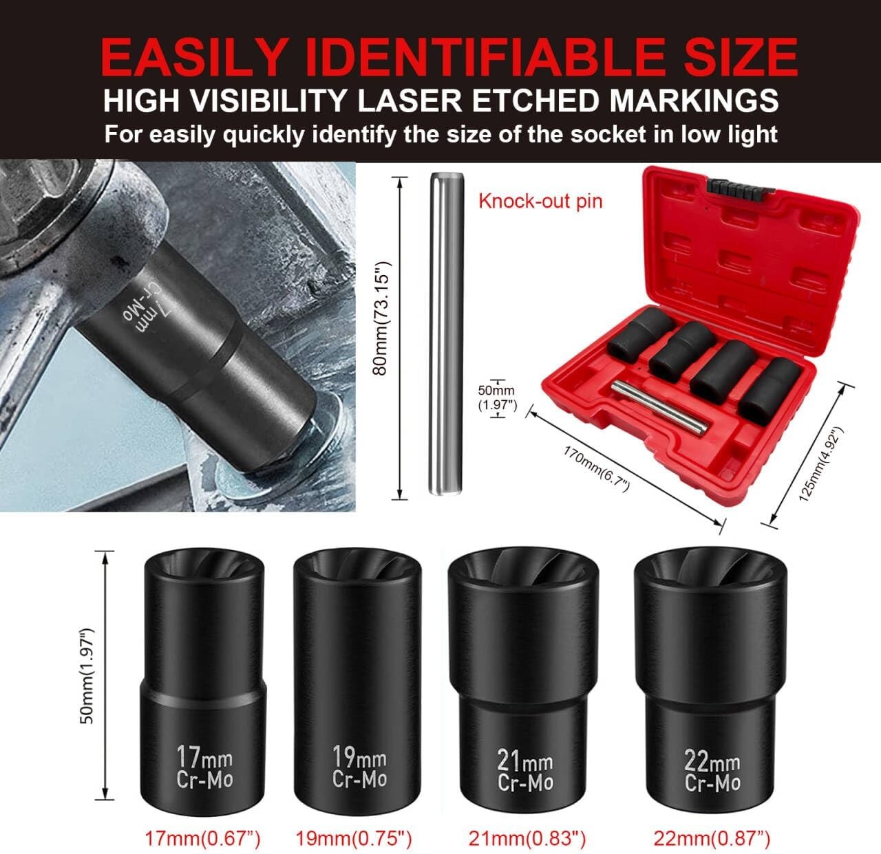 5PCS Wheel Lock Removal Kit, Locking Lug Nut Removal Tool – 17MM 19MM 21MM 22MM