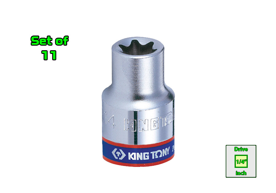 Set of 11 pcs 1/4” Drive Star Socket Torx E4 – E10 Size KING TONY Outside Torx