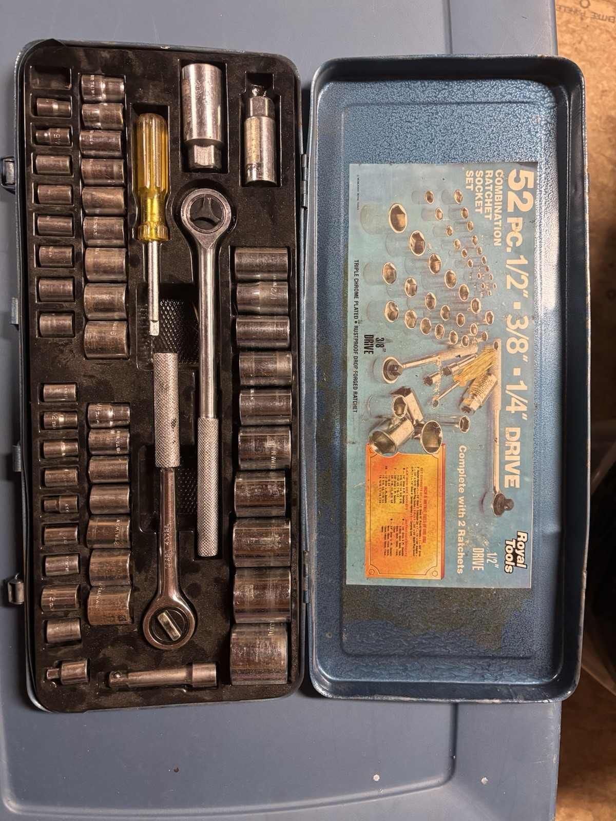 Royal Tools 52 Pc Comb. Ratchet/Socket Set 1/2”-3/8”-1/4” Drives W/2 ratchets